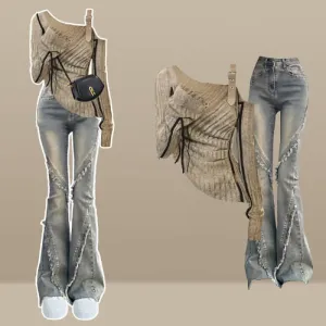 Irregular Oblique Shoulder Top Fringed Flared Denim Pants