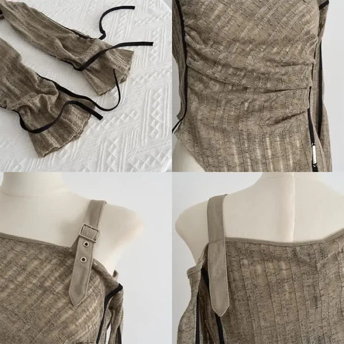 Irregular Oblique Shoulder Top Fringed Flared Denim Pants