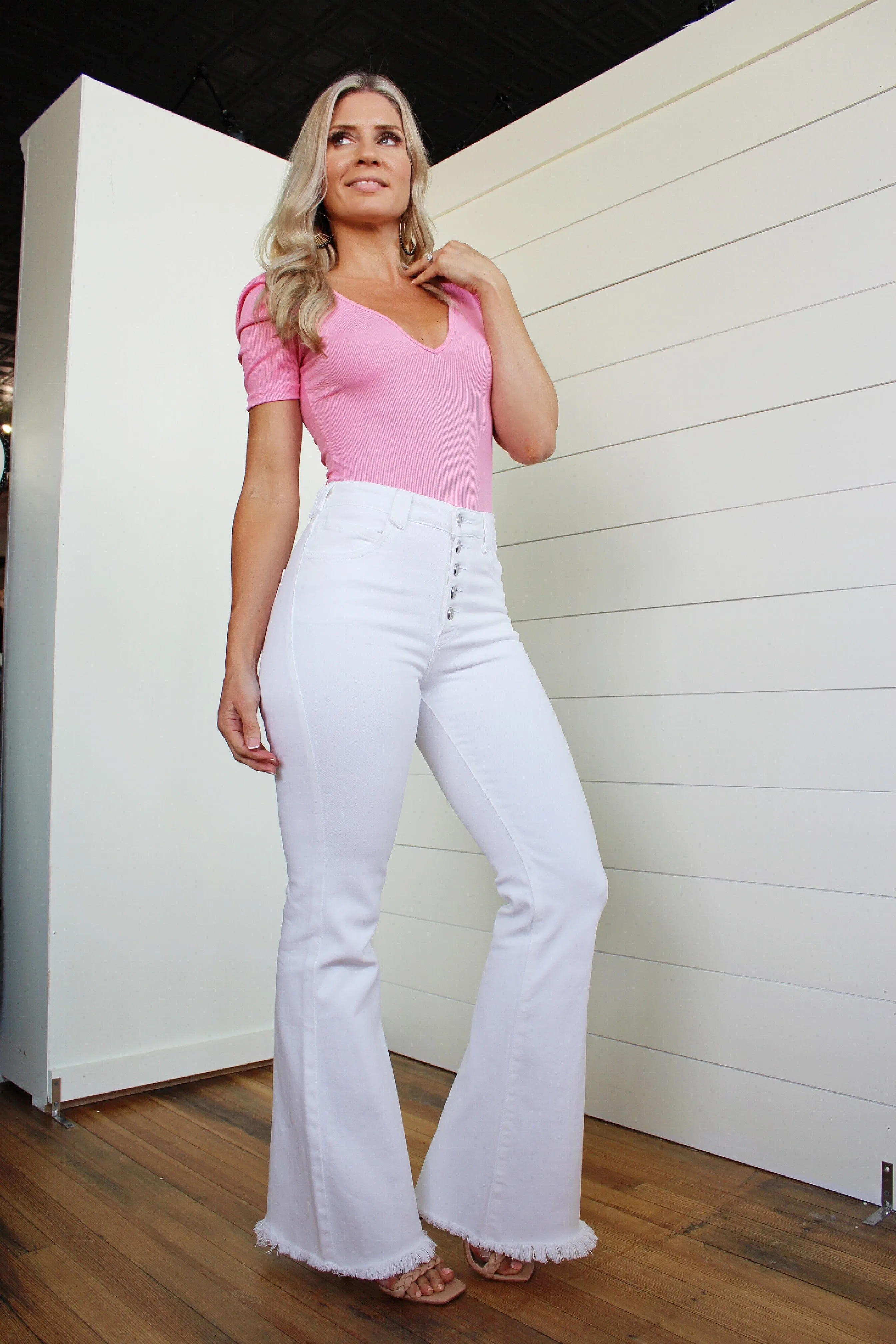 Kancan High Rise Flare With Frayed Hem-White