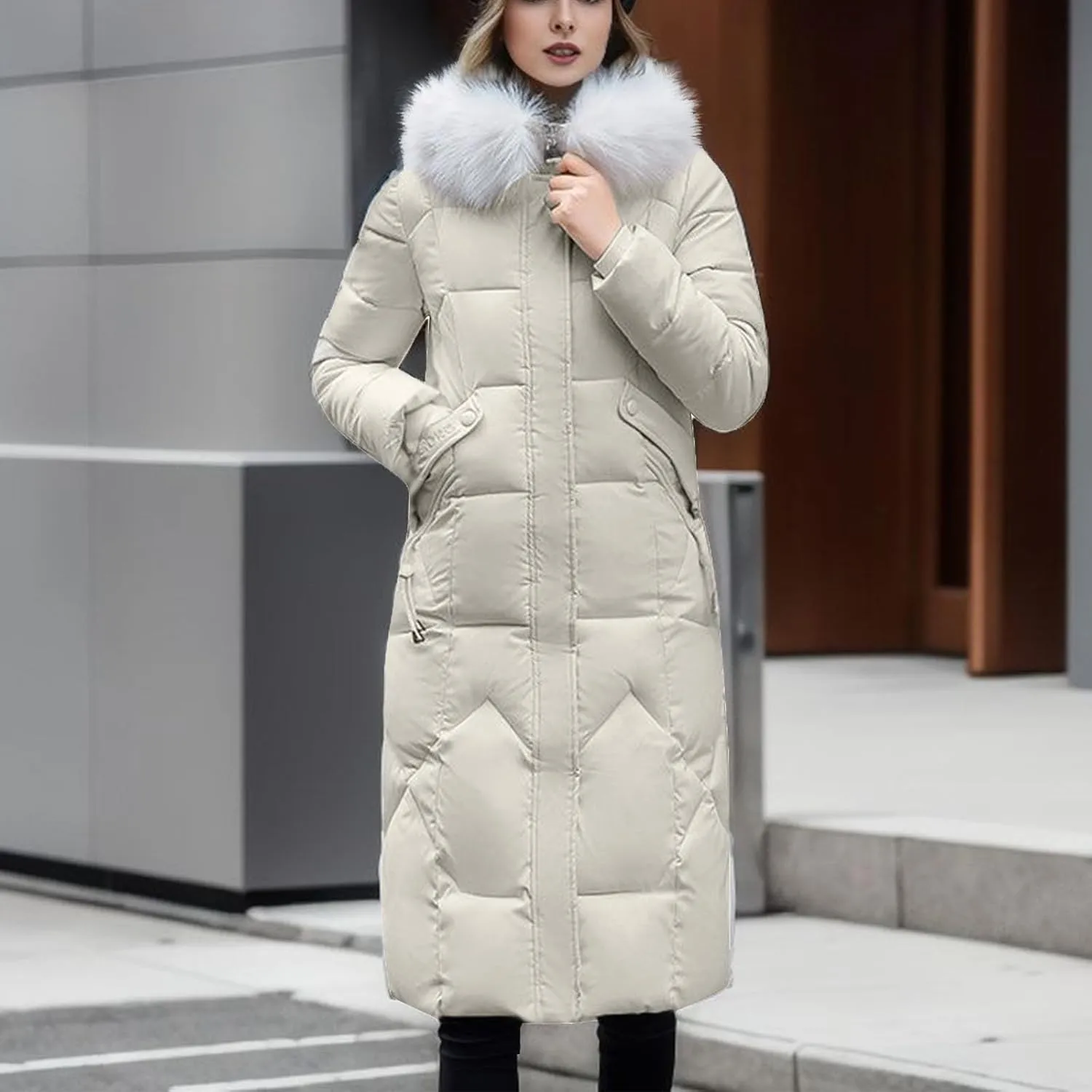 lcziwo Women Long Quilted Coat Puffer Jacket Faux Fur Hood Snow Parka Padded Bread Cotton Coats Warm Winter Outerwear