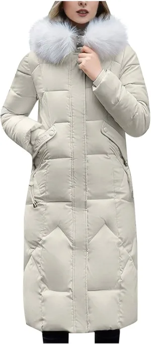 lcziwo Women Long Quilted Coat Puffer Jacket Faux Fur Hood Snow Parka Padded Bread Cotton Coats Warm Winter Outerwear