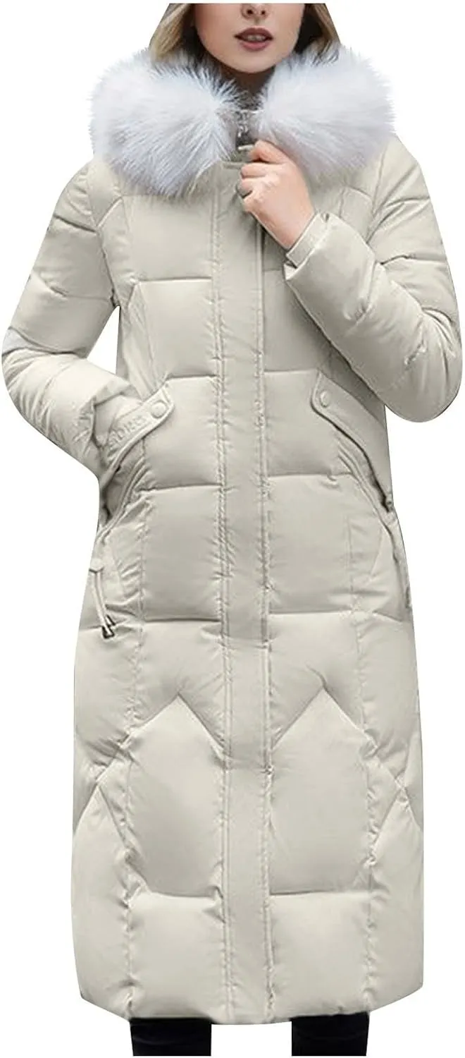 lcziwo Women Long Quilted Coat Puffer Jacket Faux Fur Hood Snow Parka Padded Bread Cotton Coats Warm Winter Outerwear