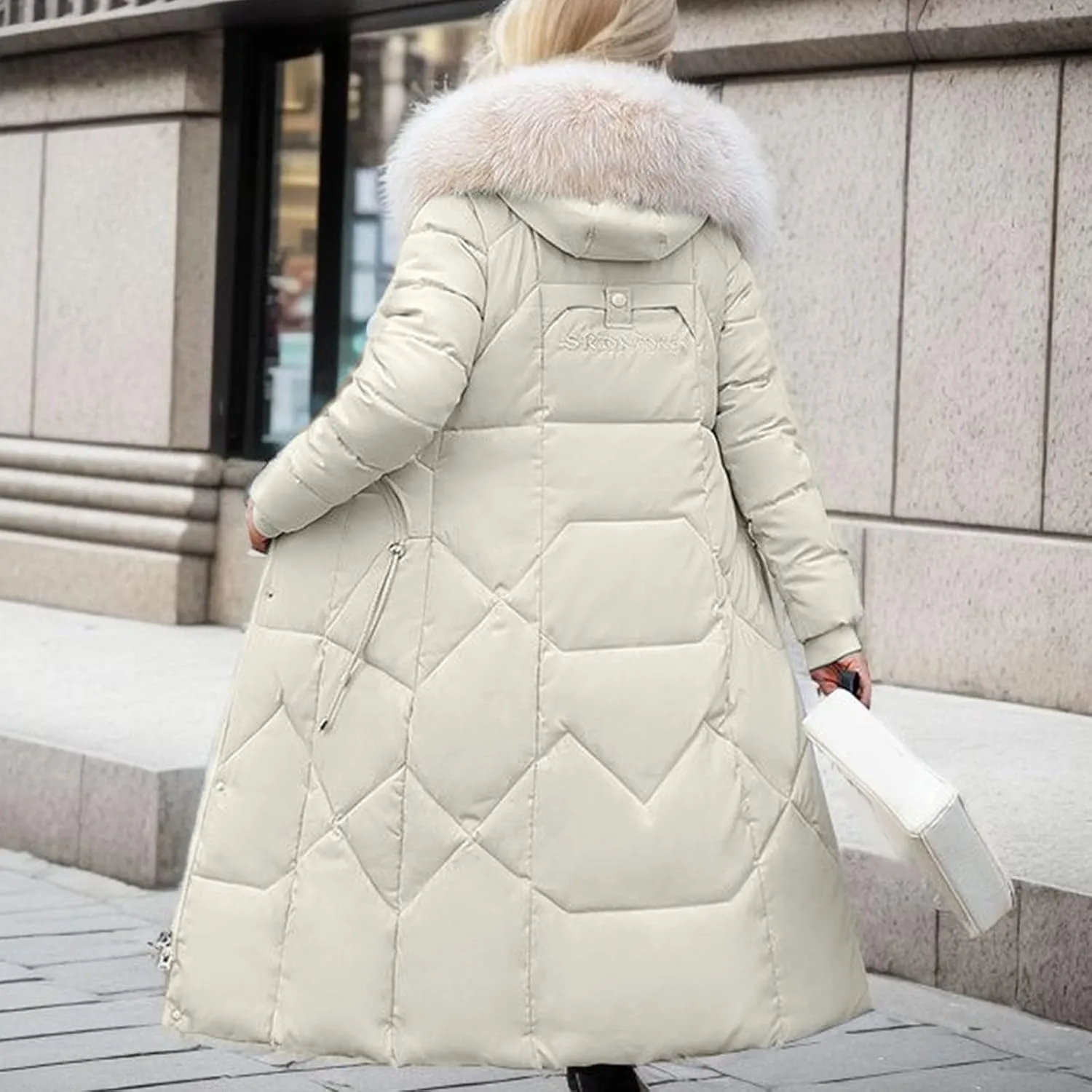 lcziwo Women Long Quilted Coat Puffer Jacket Faux Fur Hood Snow Parka Padded Bread Cotton Coats Warm Winter Outerwear