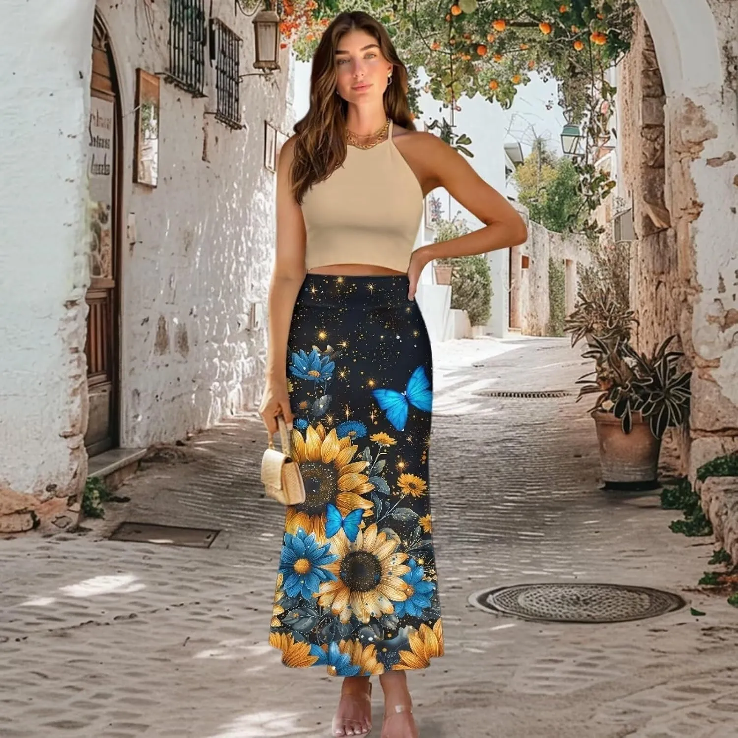 Long Skirts for Women Fall Flared Midi Skirt Flowy Maxi Skirt High Waist Ankle Length Pencil Skirt A-Line Skirts