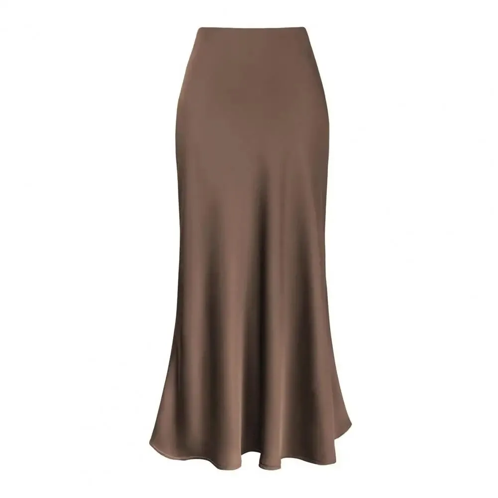 LVSANW Luxury Satin Fish Tail Skirts For Women Summer Solid Color Smooth Traceless Waist Long Skirt Elegant Wrap Skirt