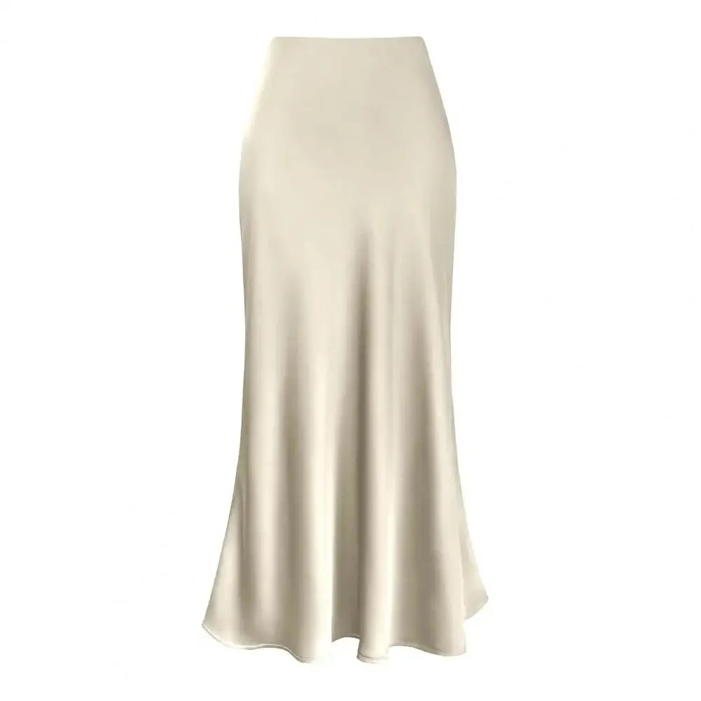 LVSANW Luxury Satin Fish Tail Skirts For Women Summer Solid Color Smooth Traceless Waist Long Skirt Elegant Wrap Skirt