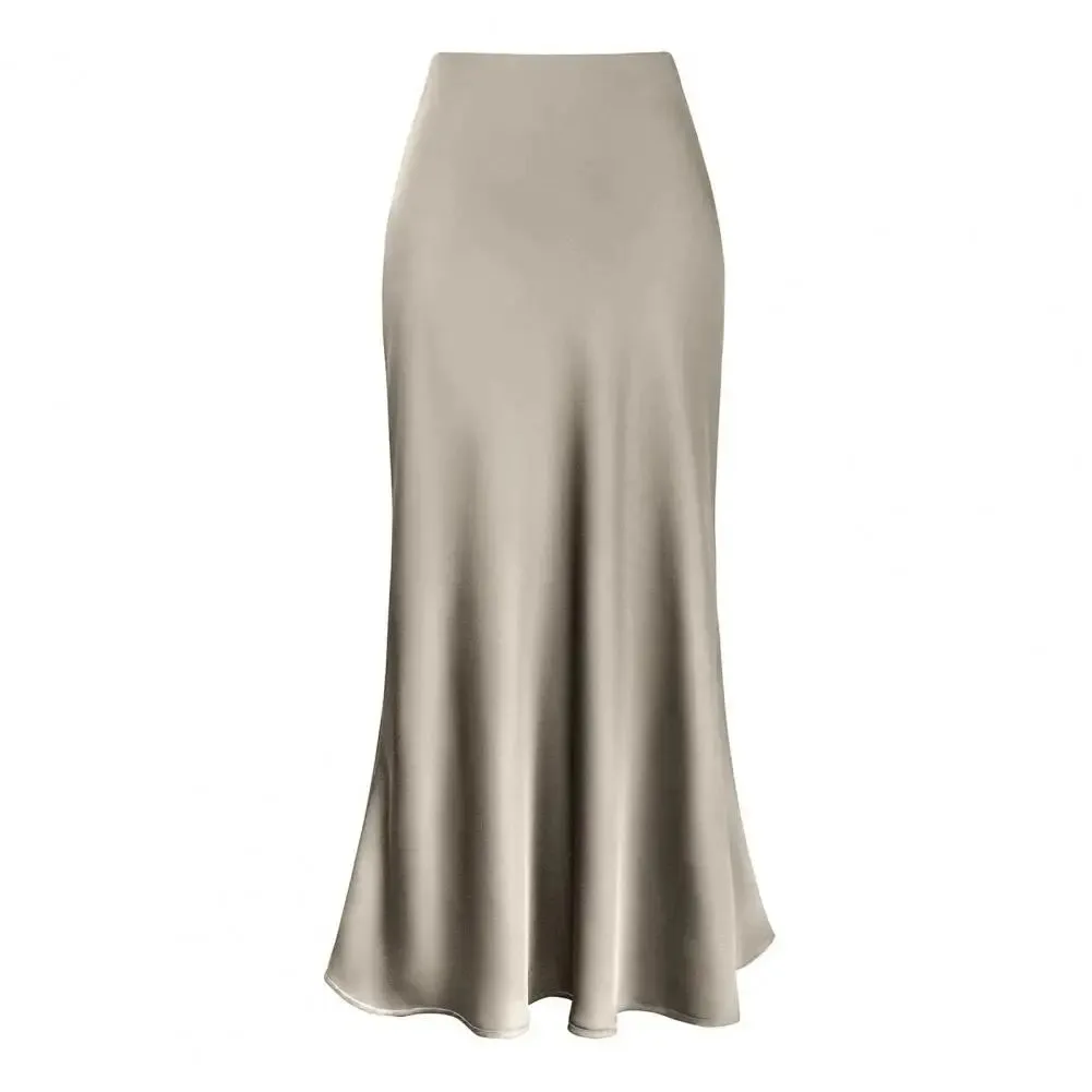 LVSANW Luxury Satin Fish Tail Skirts For Women Summer Solid Color Smooth Traceless Waist Long Skirt Elegant Wrap Skirt
