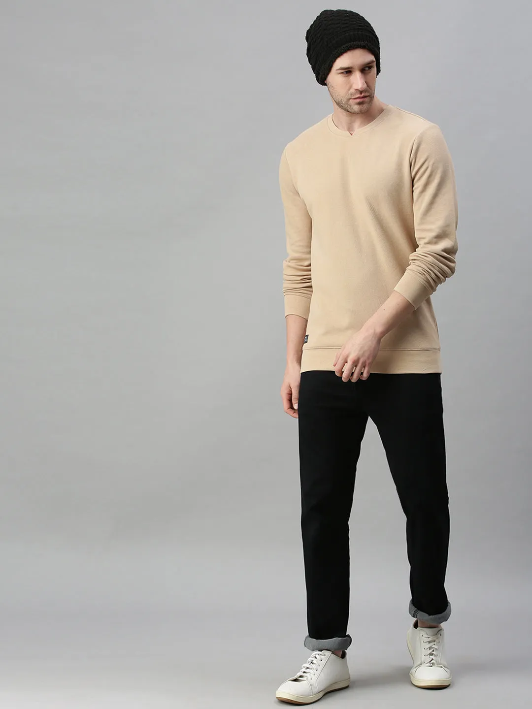 Men Beige Cotton Sweatshirt