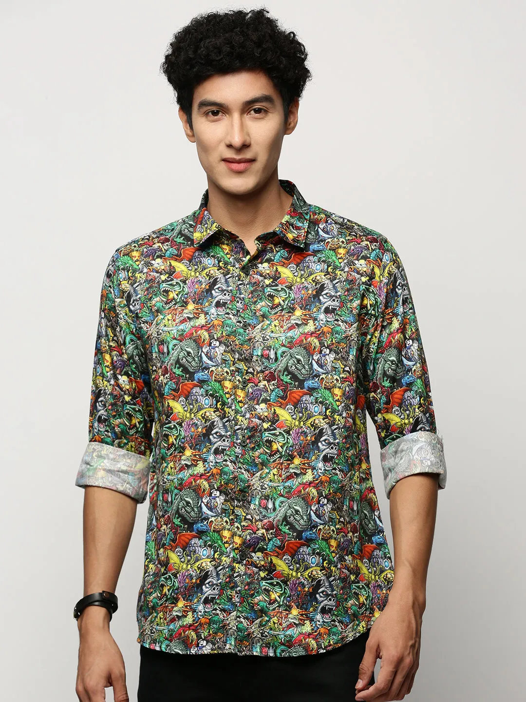 Men Black Graphic Printed Smart Slim Fit Cotton Casual Shirt