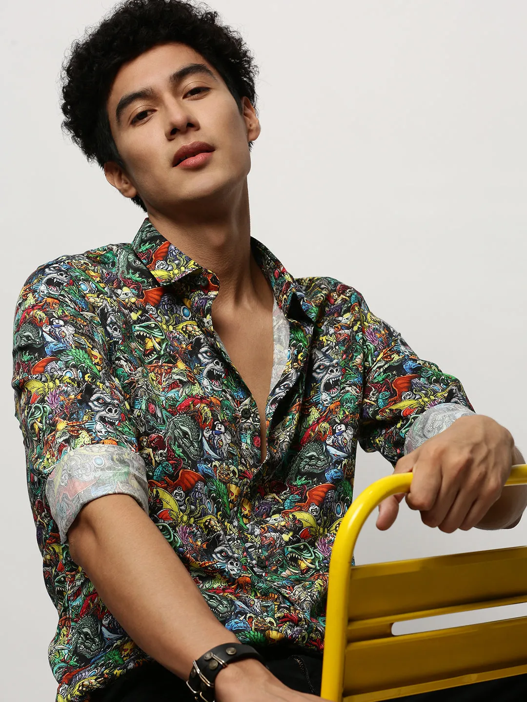 Men Black Graphic Printed Smart Slim Fit Cotton Casual Shirt