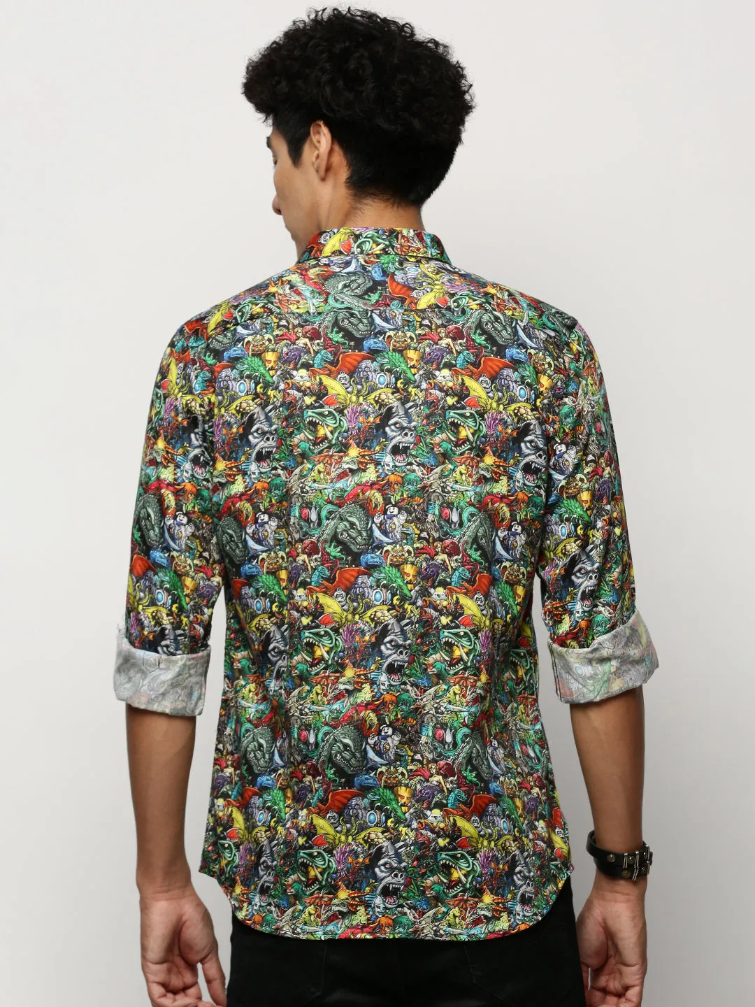 Men Black Graphic Printed Smart Slim Fit Cotton Casual Shirt