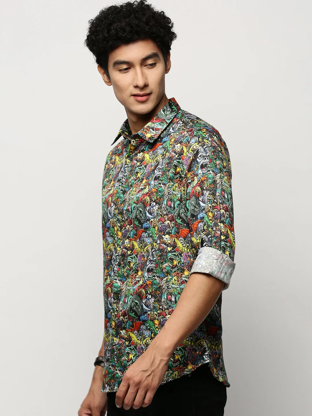 Men Black Graphic Printed Smart Slim Fit Cotton Casual Shirt
