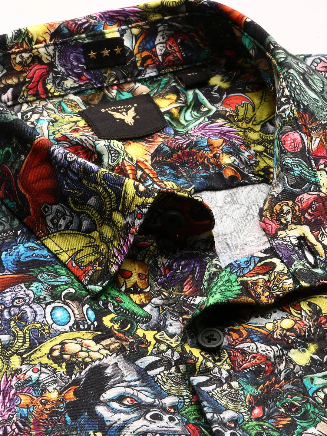 Men Black Graphic Printed Smart Slim Fit Cotton Casual Shirt