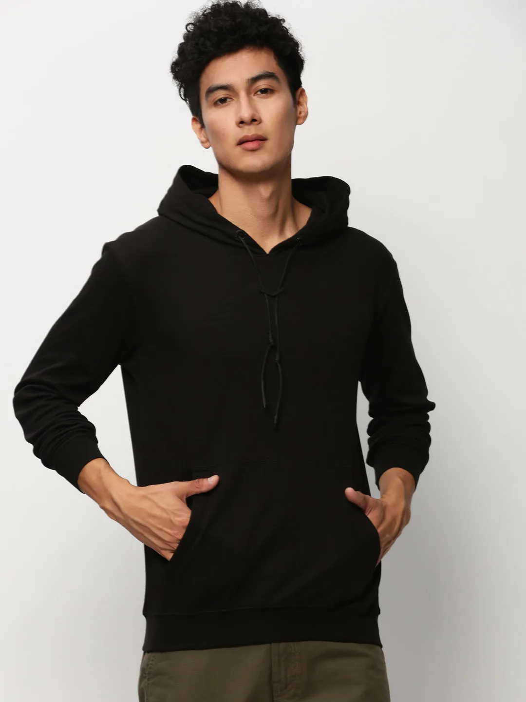 Men Black Hooded Cotton Pullover