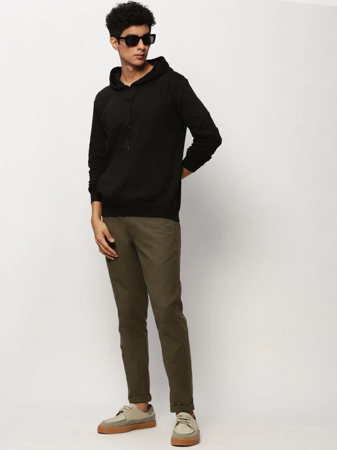 Men Black Hooded Cotton Pullover
