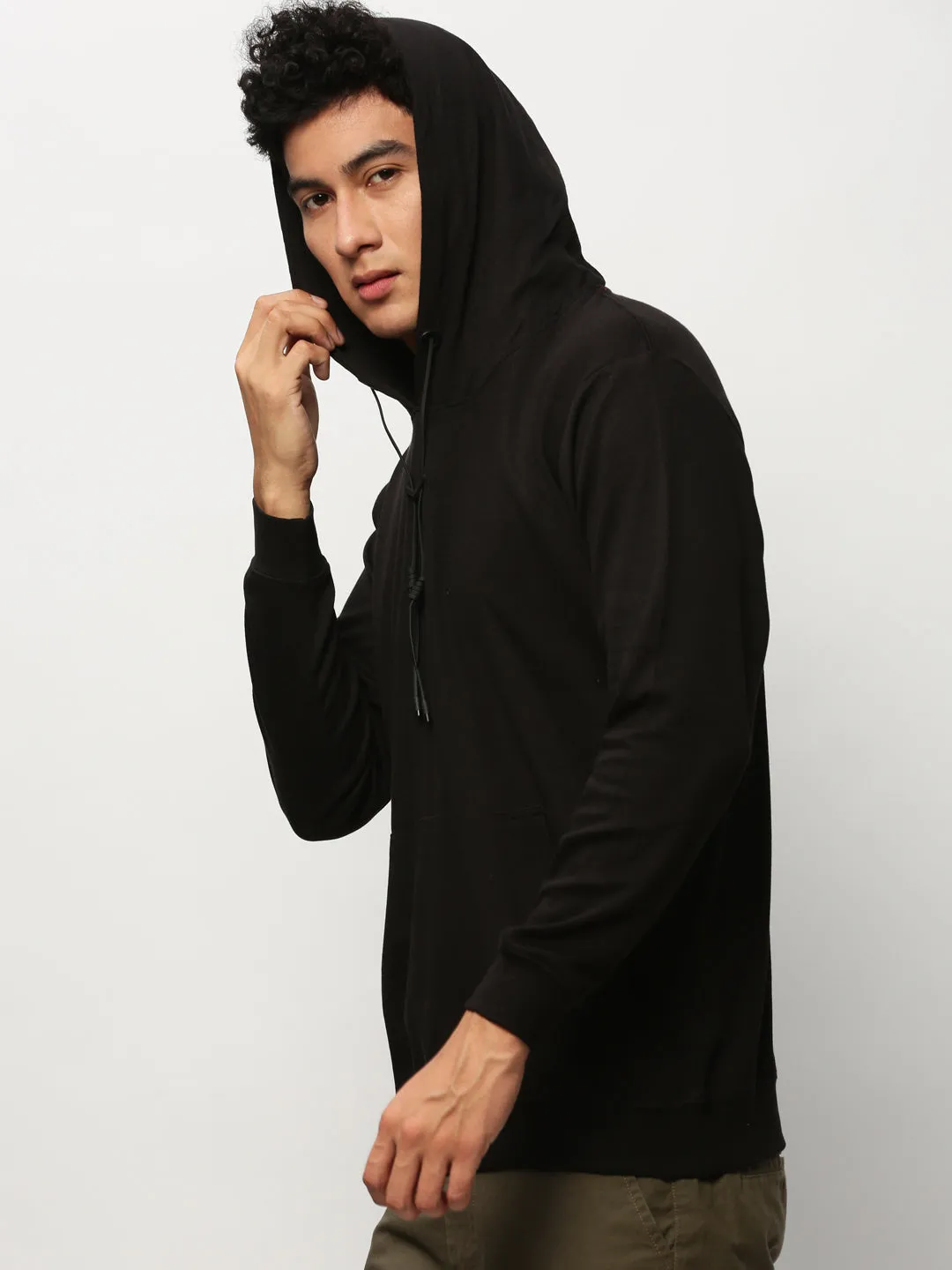 Men Black Hooded Cotton Pullover