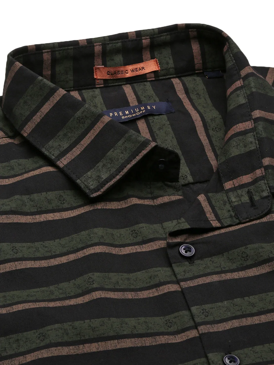 Men Black Striped Spread Collar Slim Fit Shirt