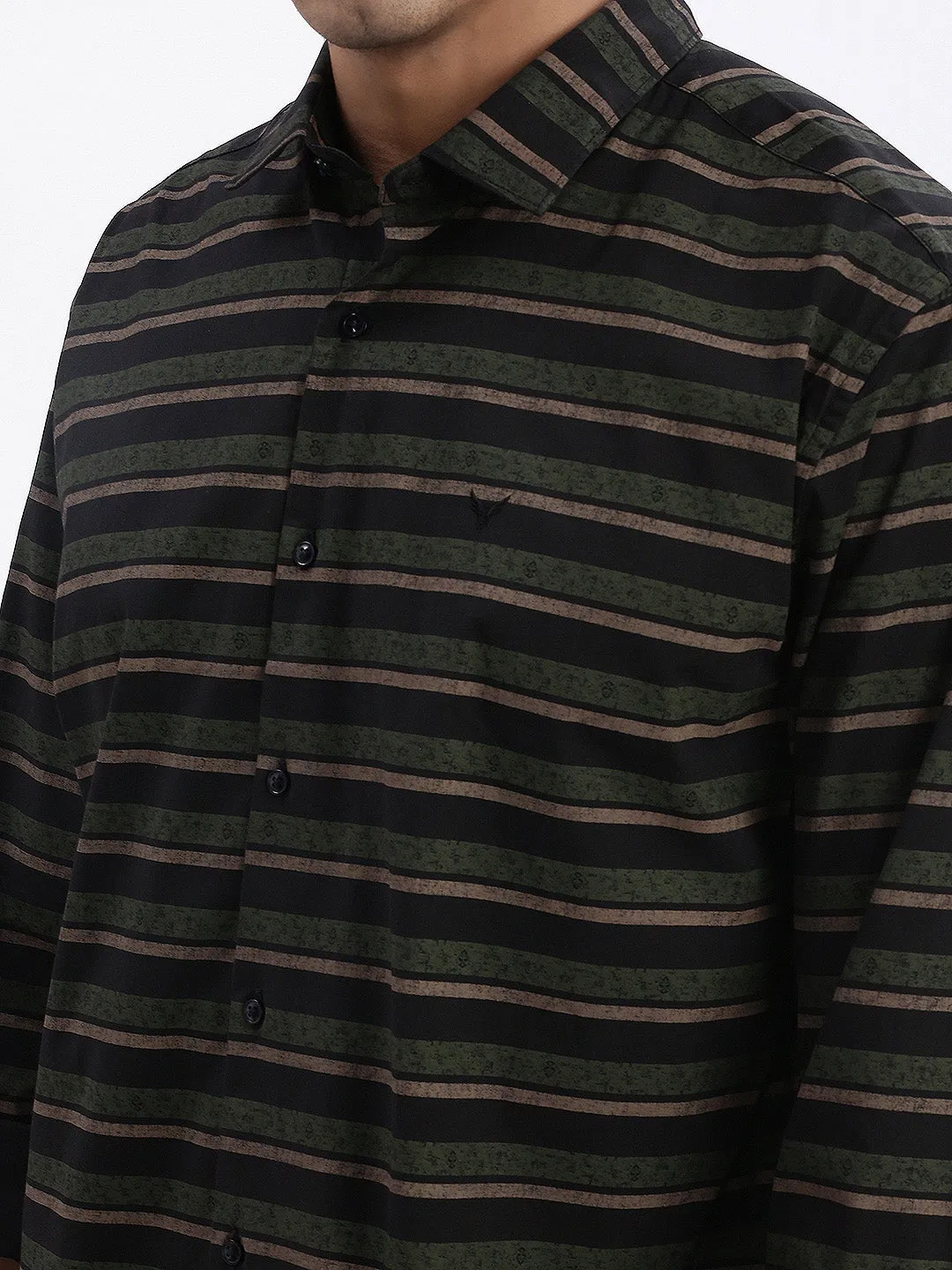 Men Black Striped Spread Collar Slim Fit Shirt