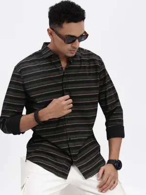 Men Black Striped Spread Collar Slim Fit Shirt