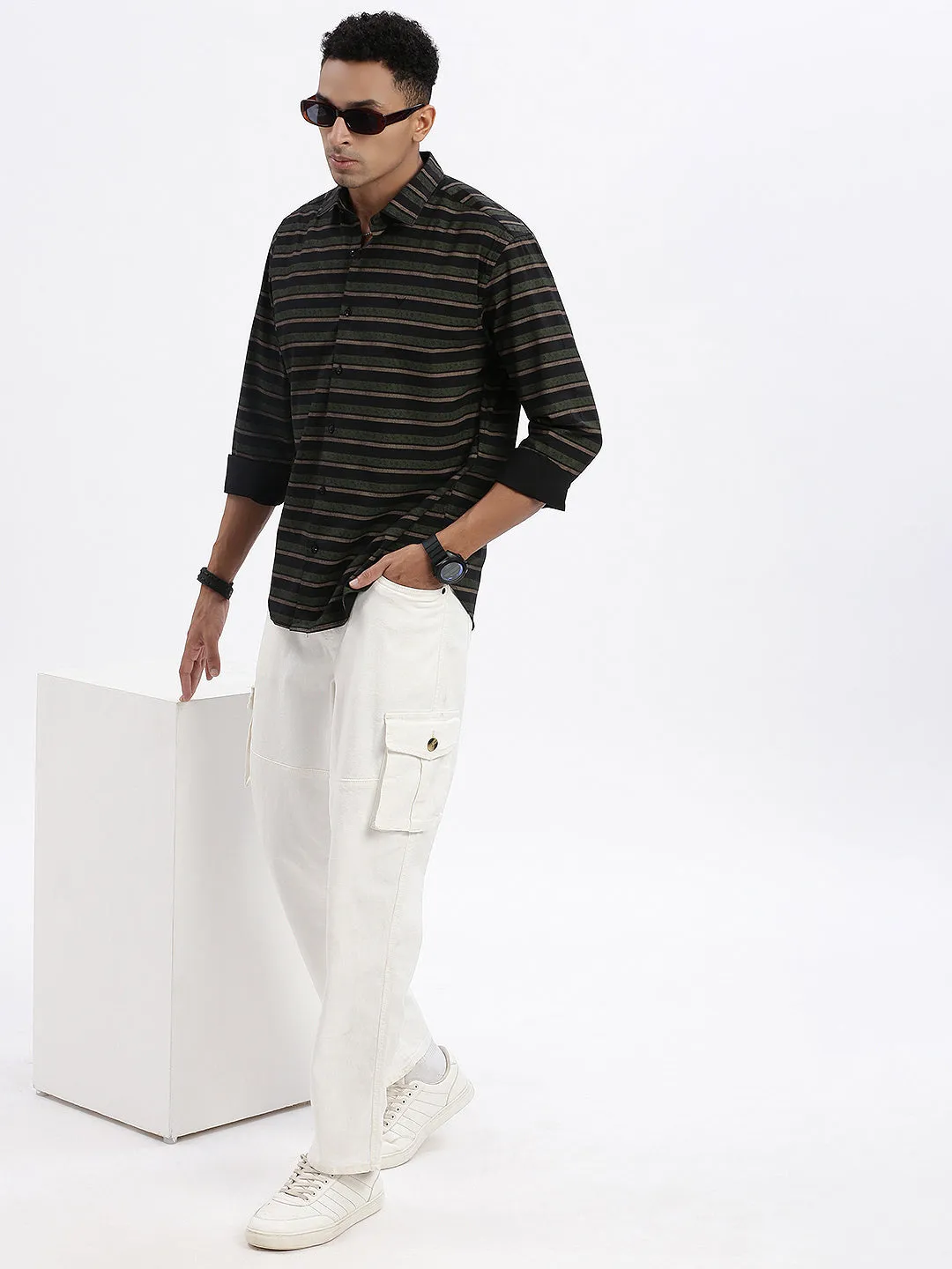 Men Black Striped Spread Collar Slim Fit Shirt