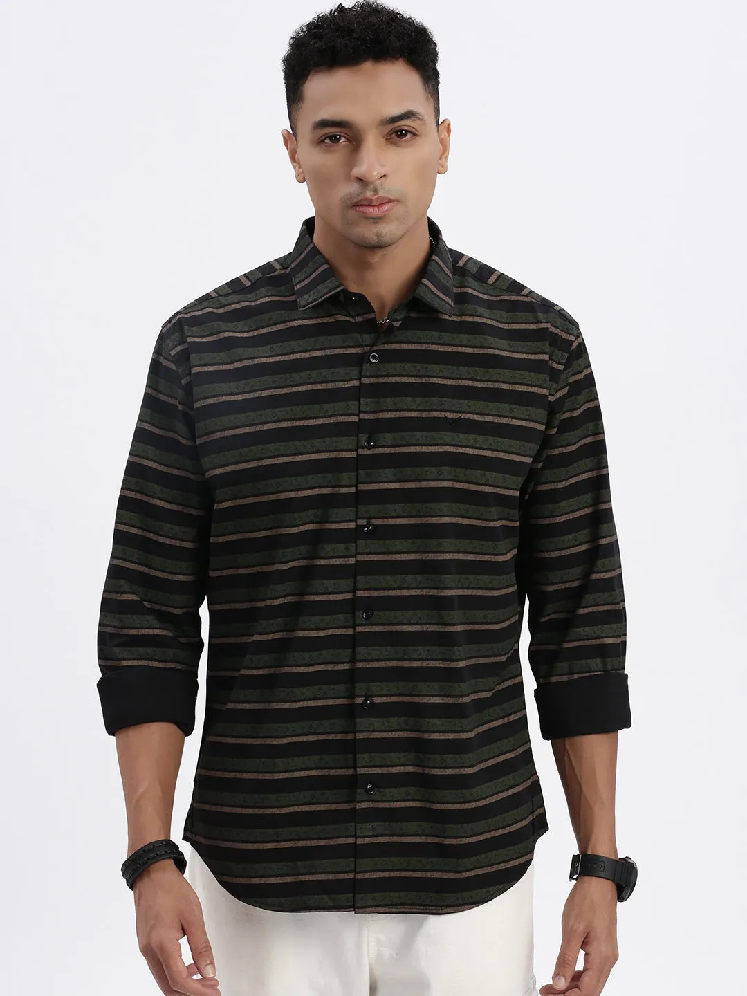 Men Black Striped Spread Collar Slim Fit Shirt