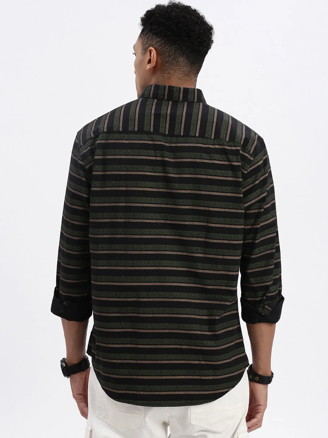 Men Black Striped Spread Collar Slim Fit Shirt