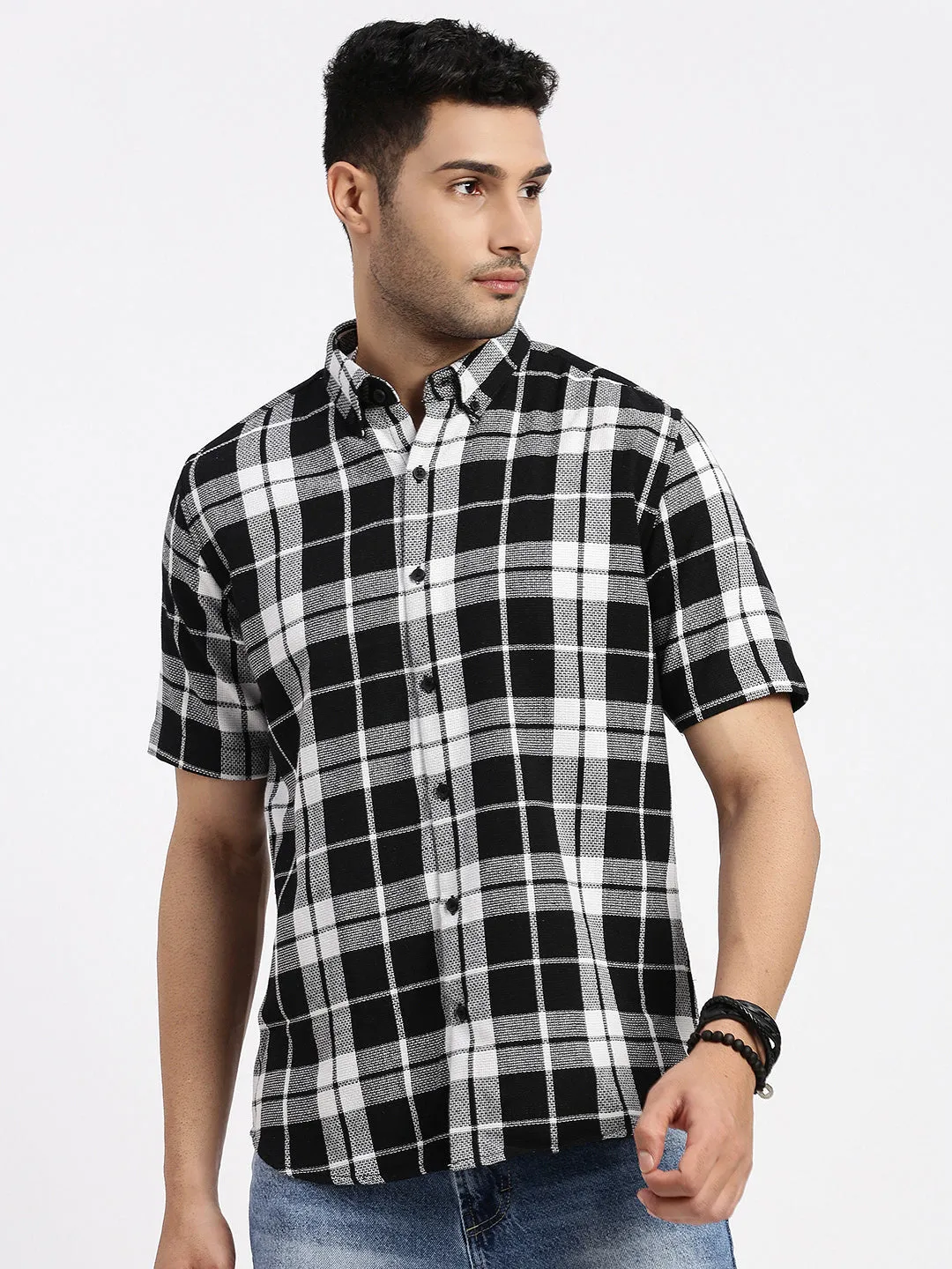Men Black Tartan Checked Slim Fit Shirt