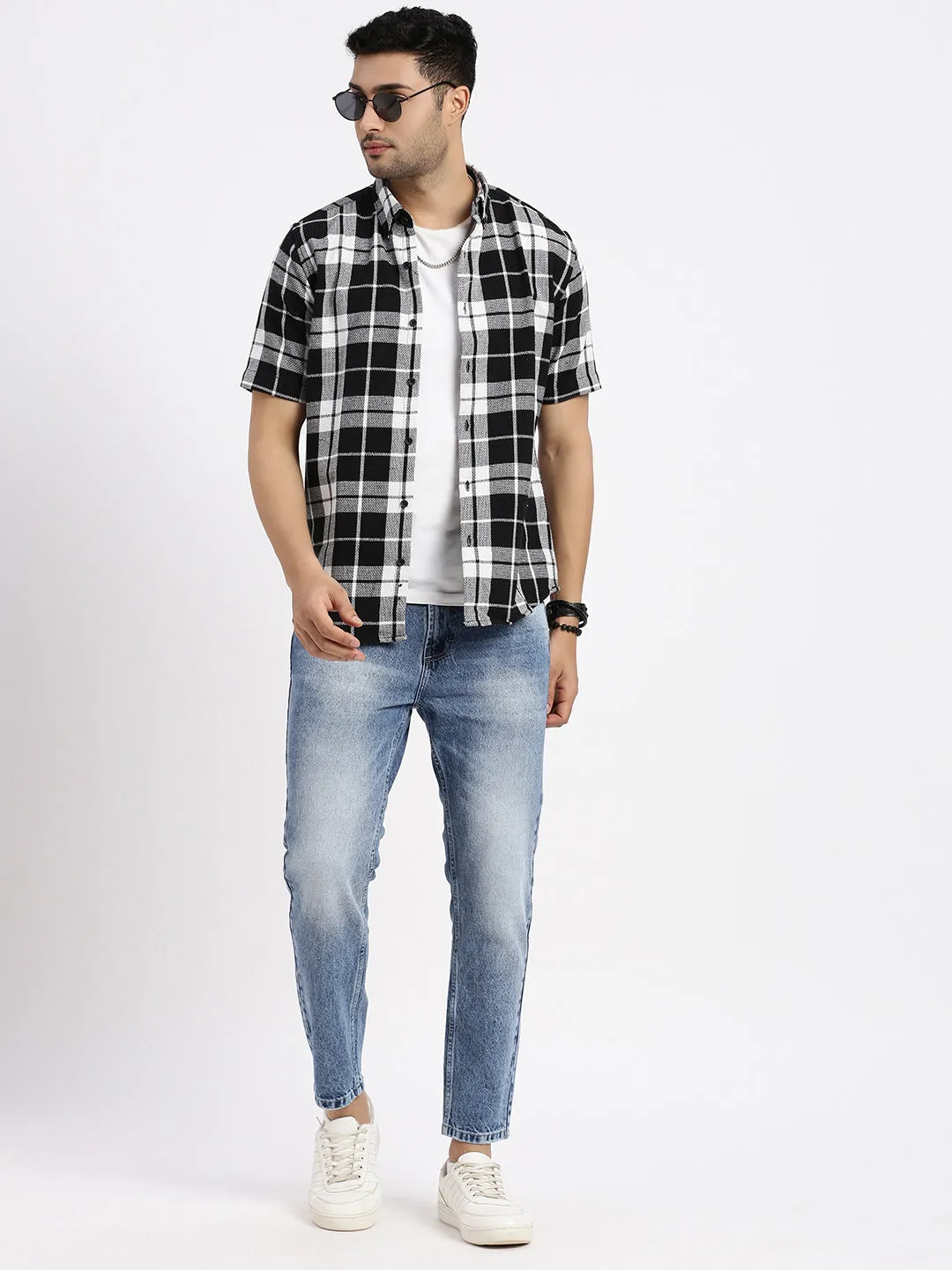 Men Black Tartan Checked Slim Fit Shirt