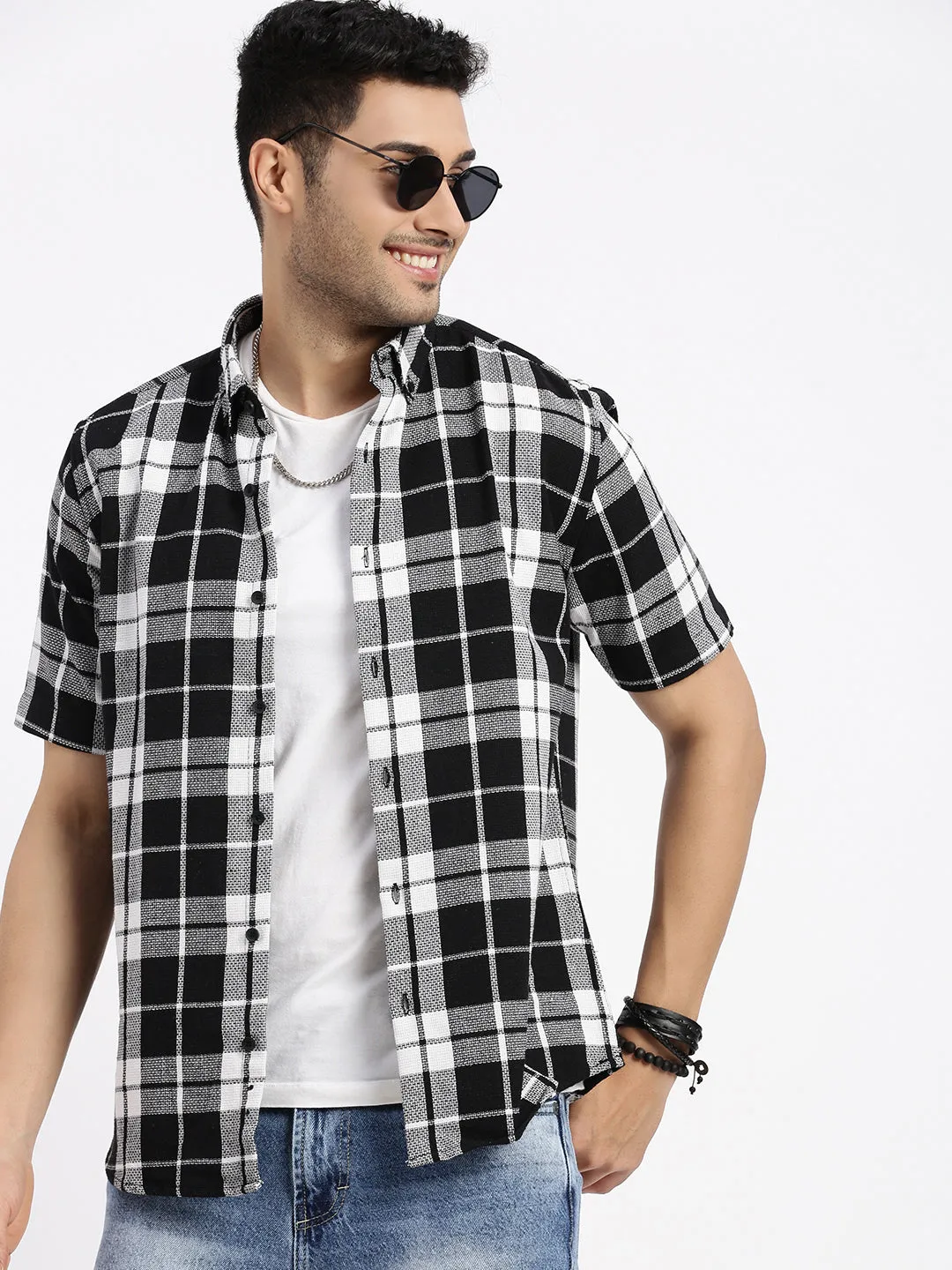 Men Black Tartan Checked Slim Fit Shirt