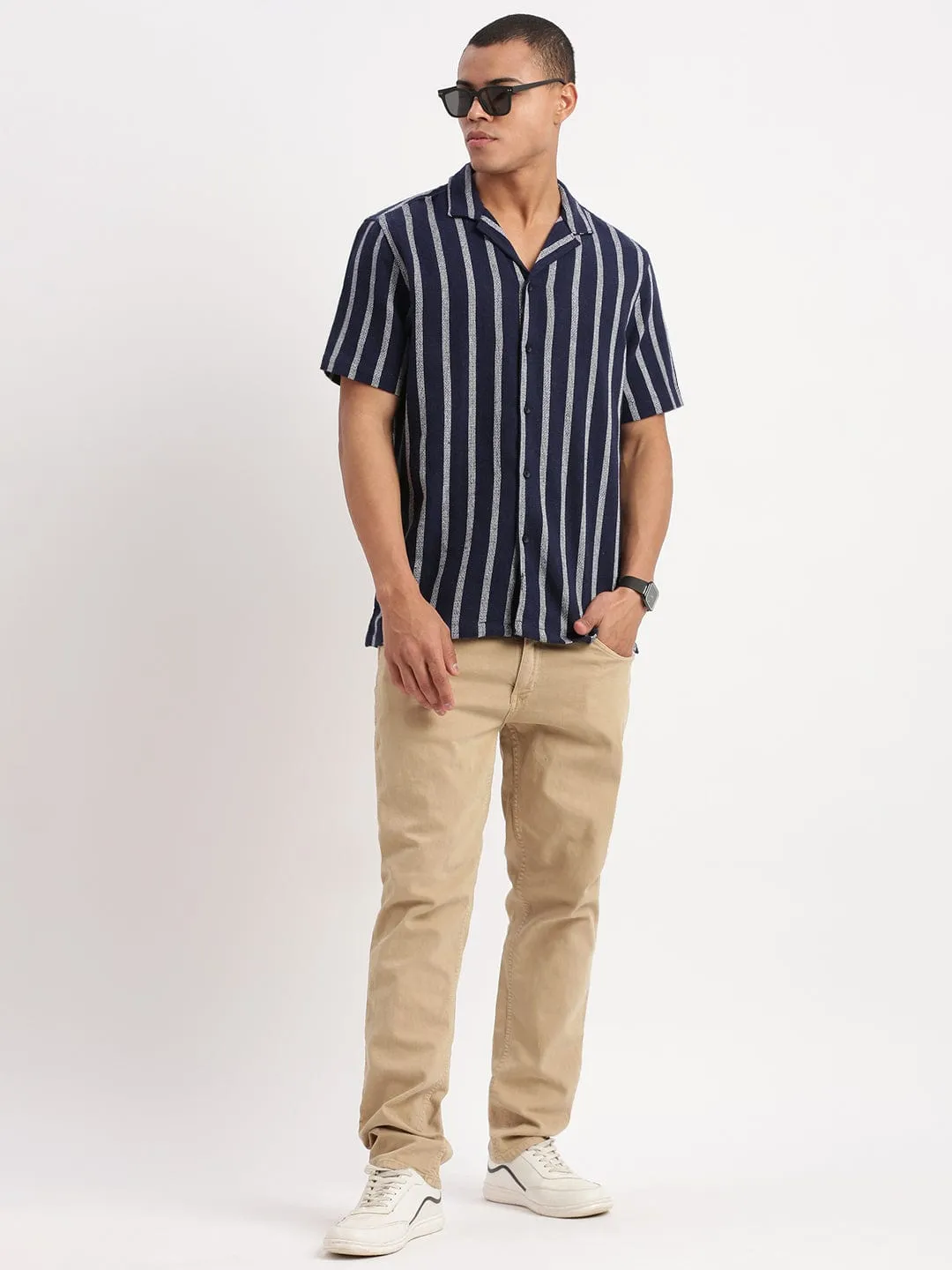 Men Cuban Collar Vertical Stripes Cotton Navy Blue Shirt