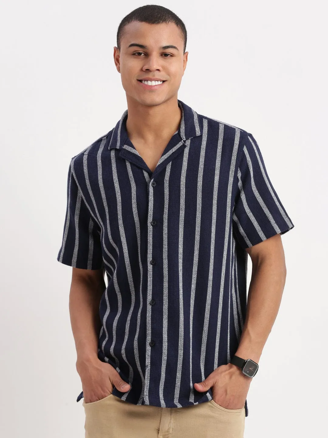 Men Cuban Collar Vertical Stripes Cotton Navy Blue Shirt