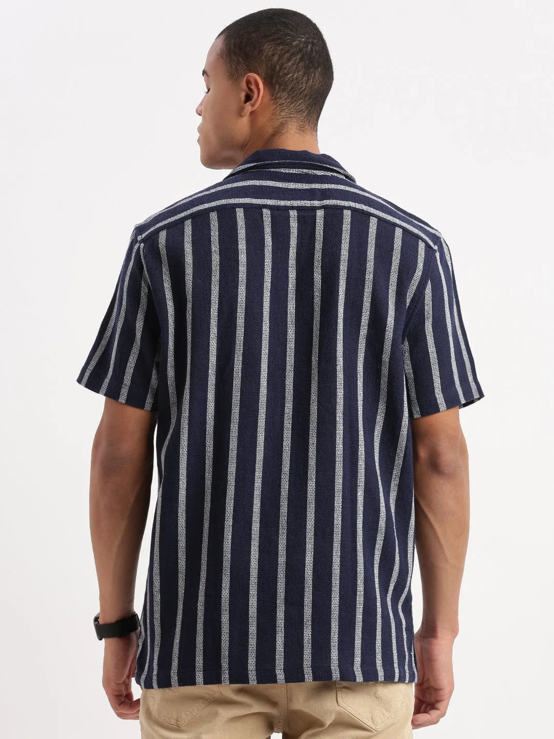 Men Cuban Collar Vertical Stripes Cotton Navy Blue Shirt