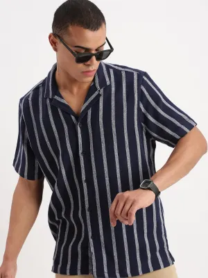 Men Cuban Collar Vertical Stripes Cotton Navy Blue Shirt