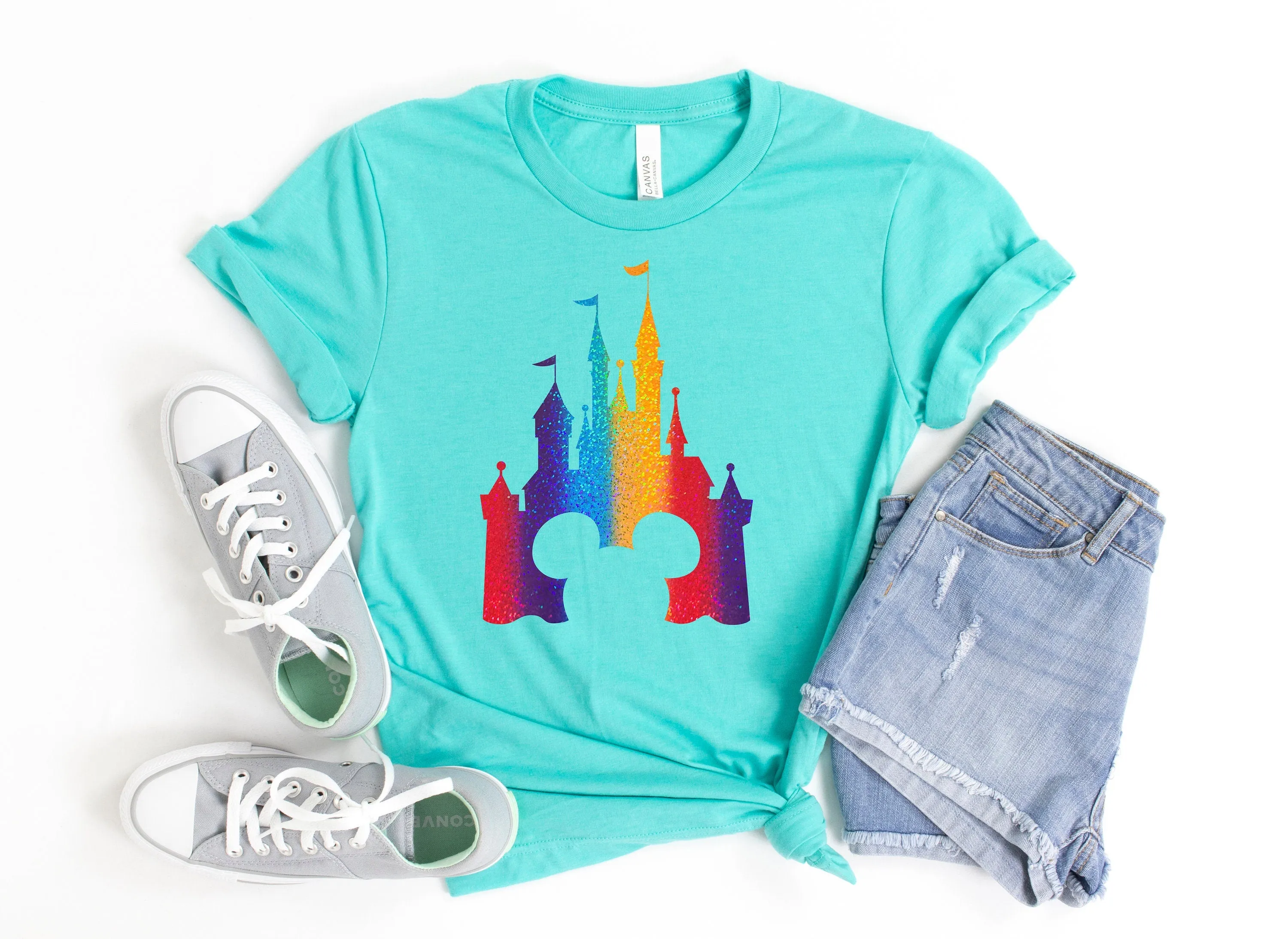 Mickey Mouse Disney Castle T Shirt - Adult Unisex Shirt - Family Matching - Rainbow Glitter