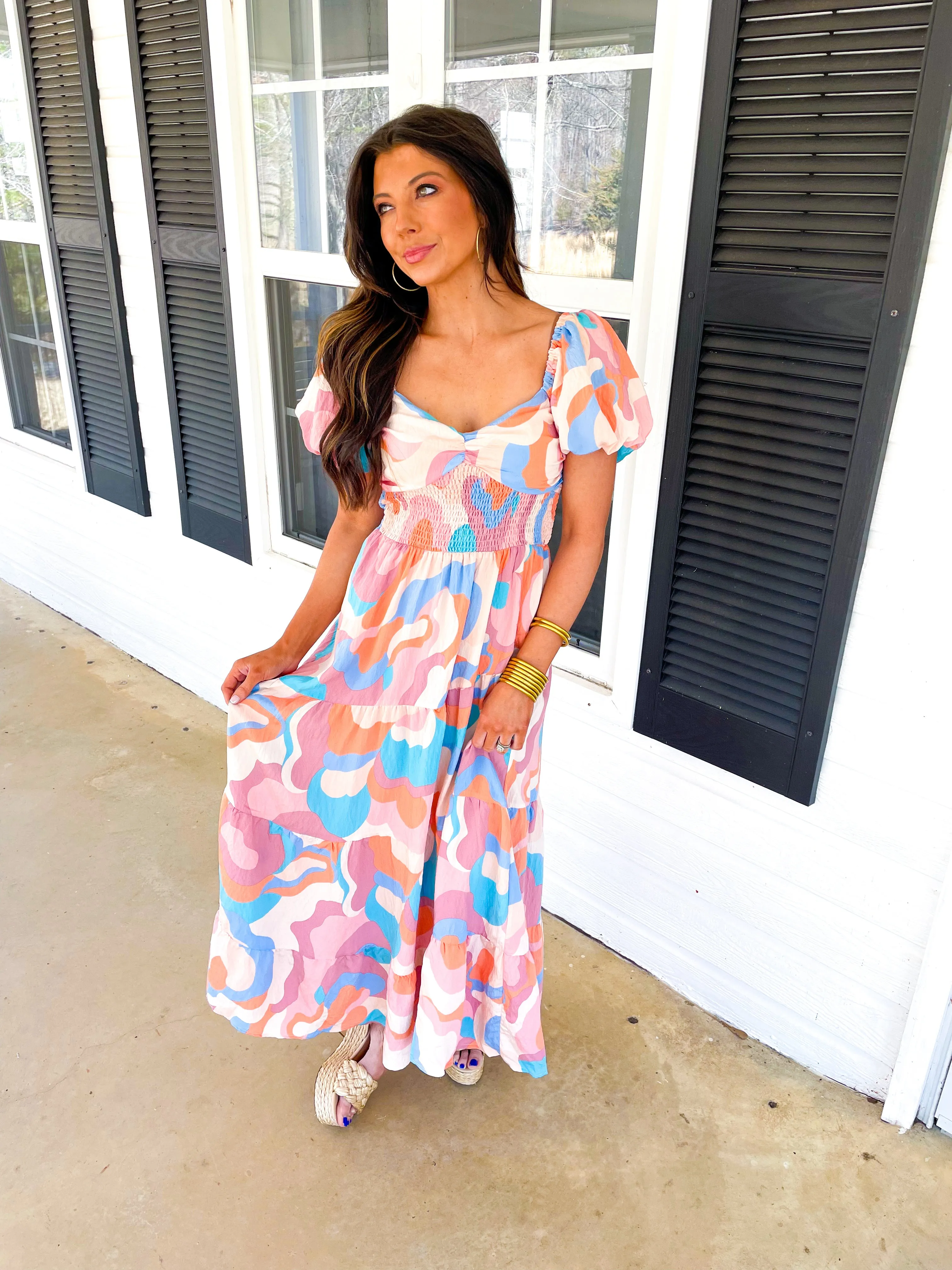 Pastel Puff Sleeve Midi Dress-Multi Color