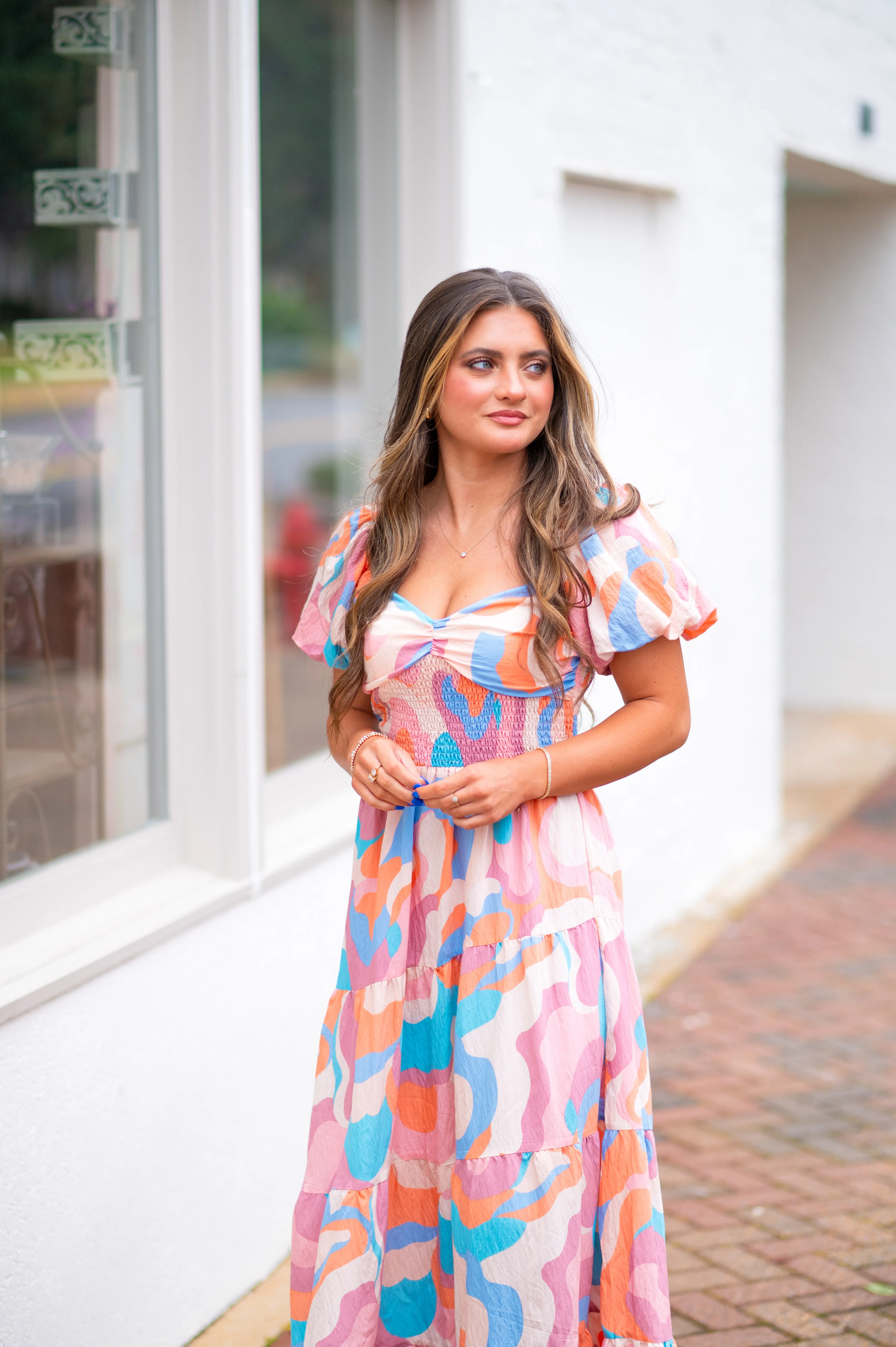 Pastel Puff Sleeve Midi Dress-Multi Color