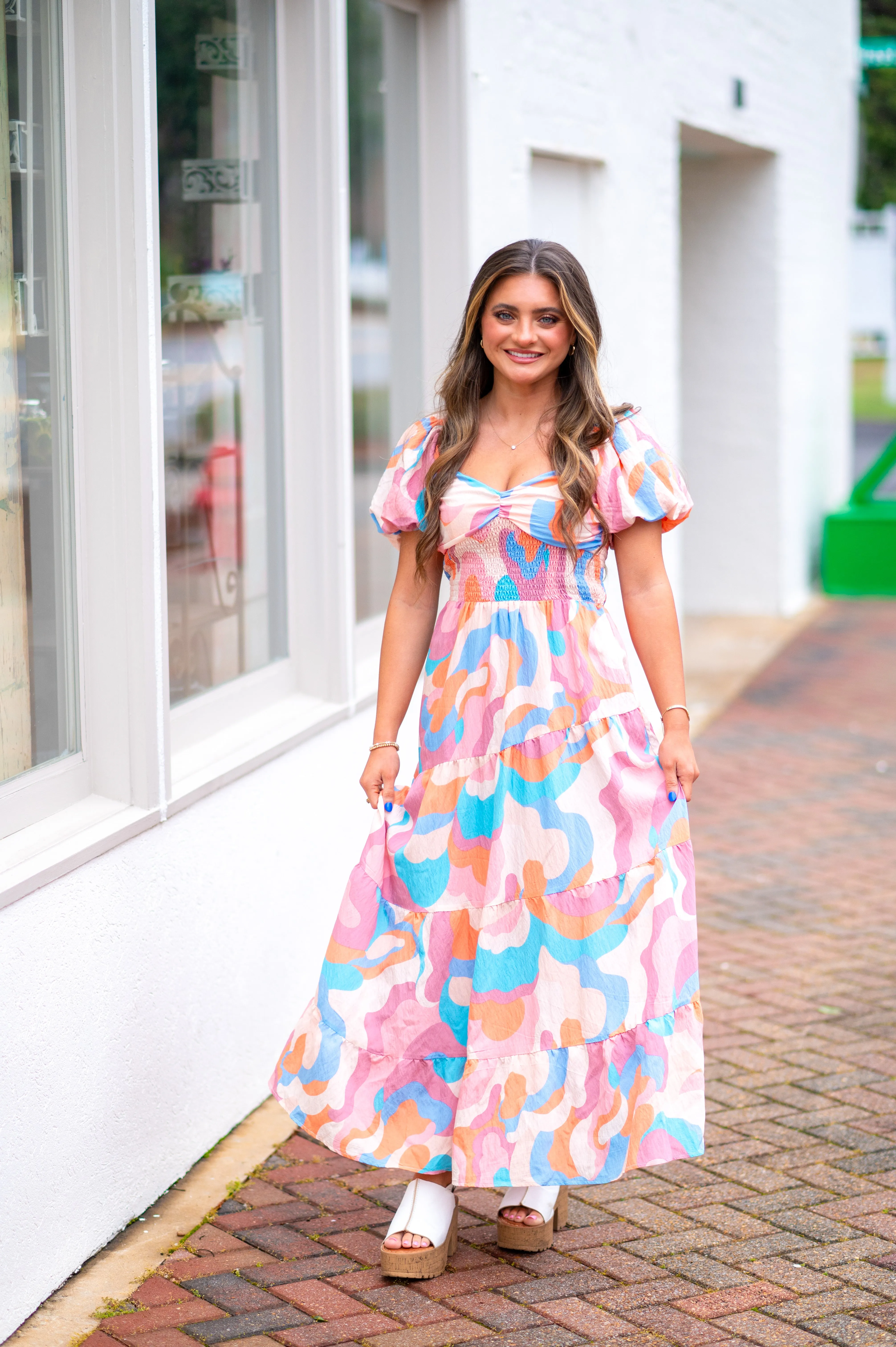 Pastel Puff Sleeve Midi Dress-Multi Color