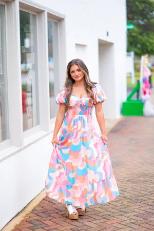 Pastel Puff Sleeve Midi Dress-Multi Color