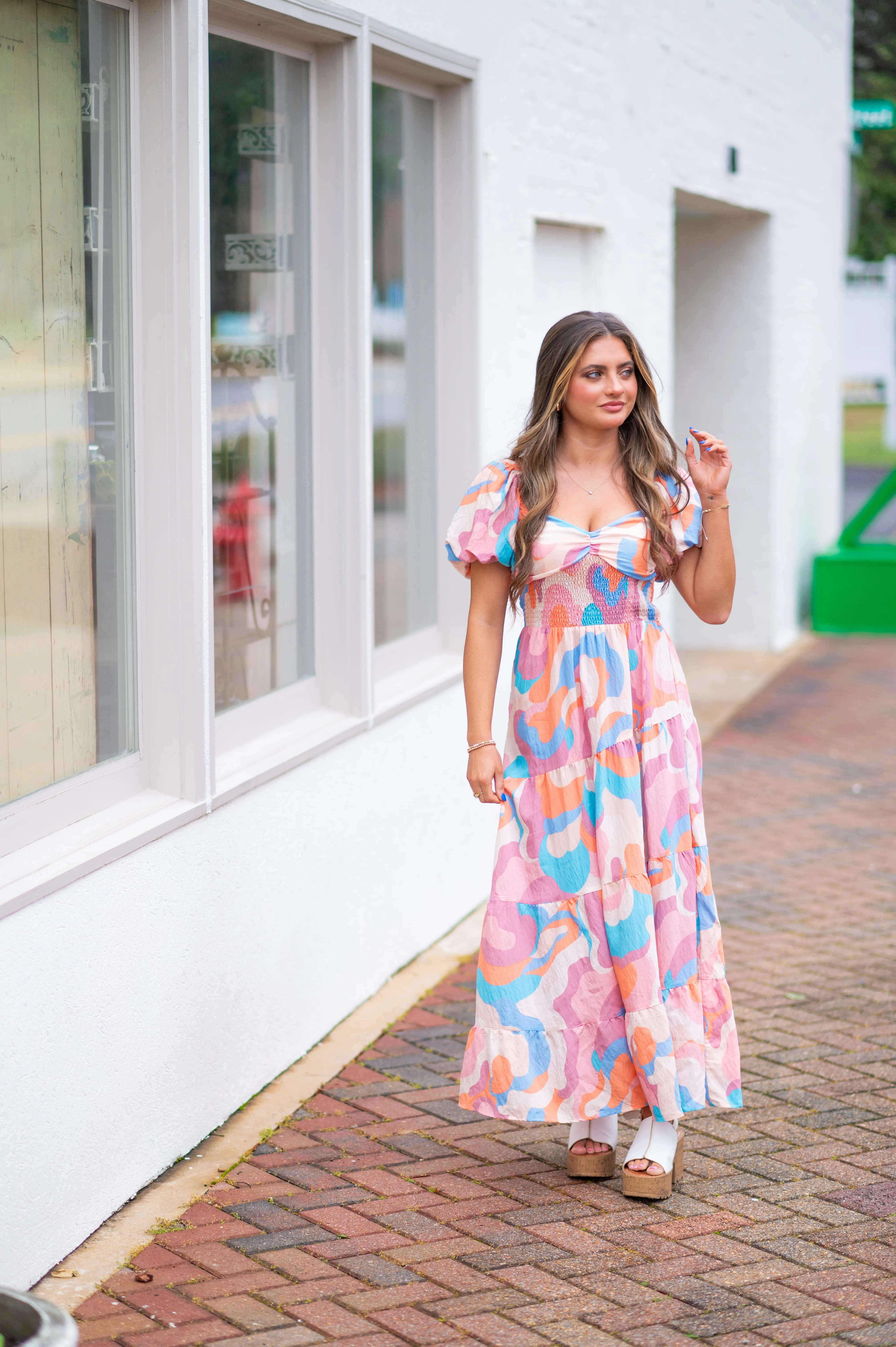 Pastel Puff Sleeve Midi Dress-Multi Color