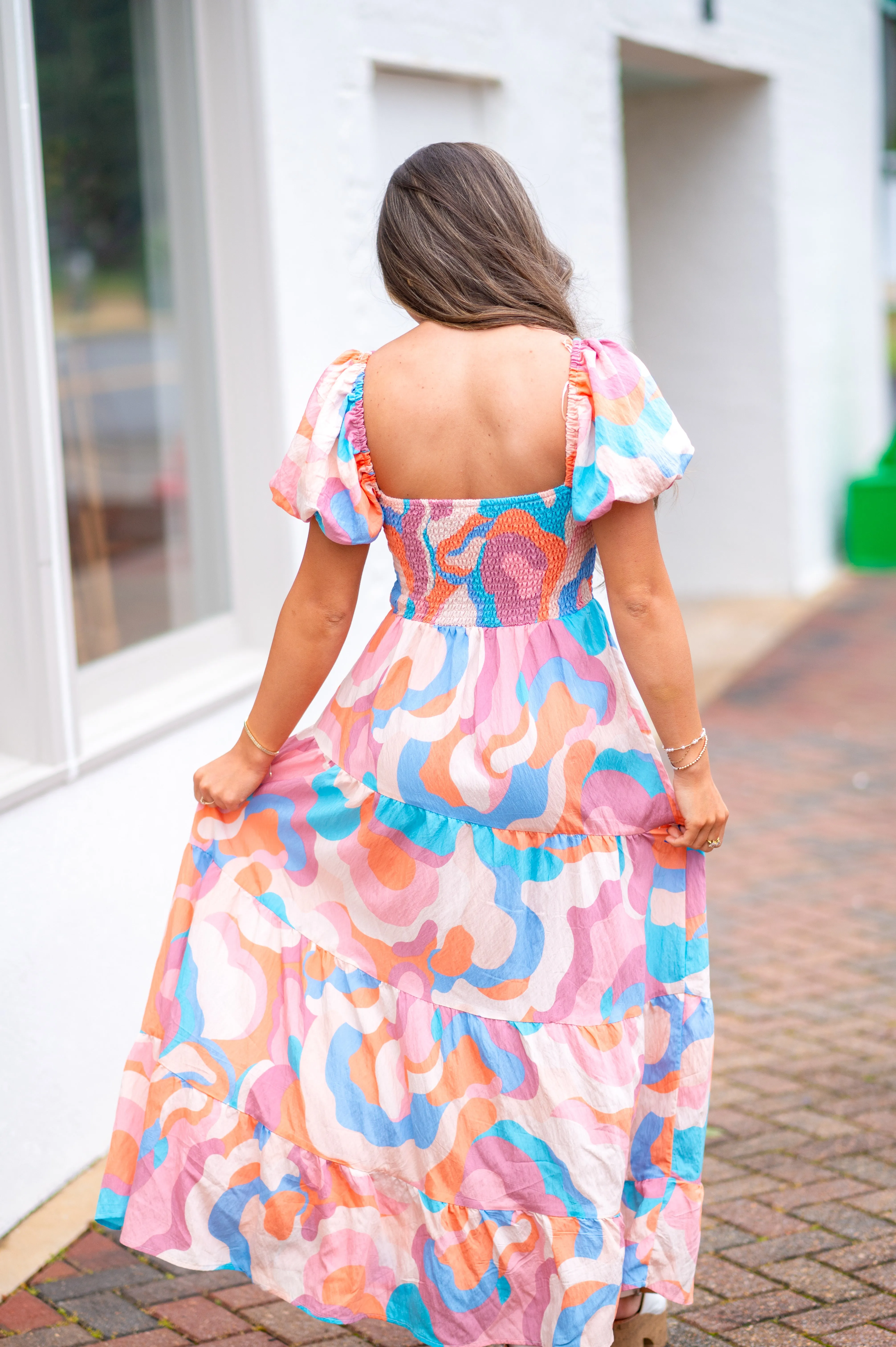 Pastel Puff Sleeve Midi Dress-Multi Color