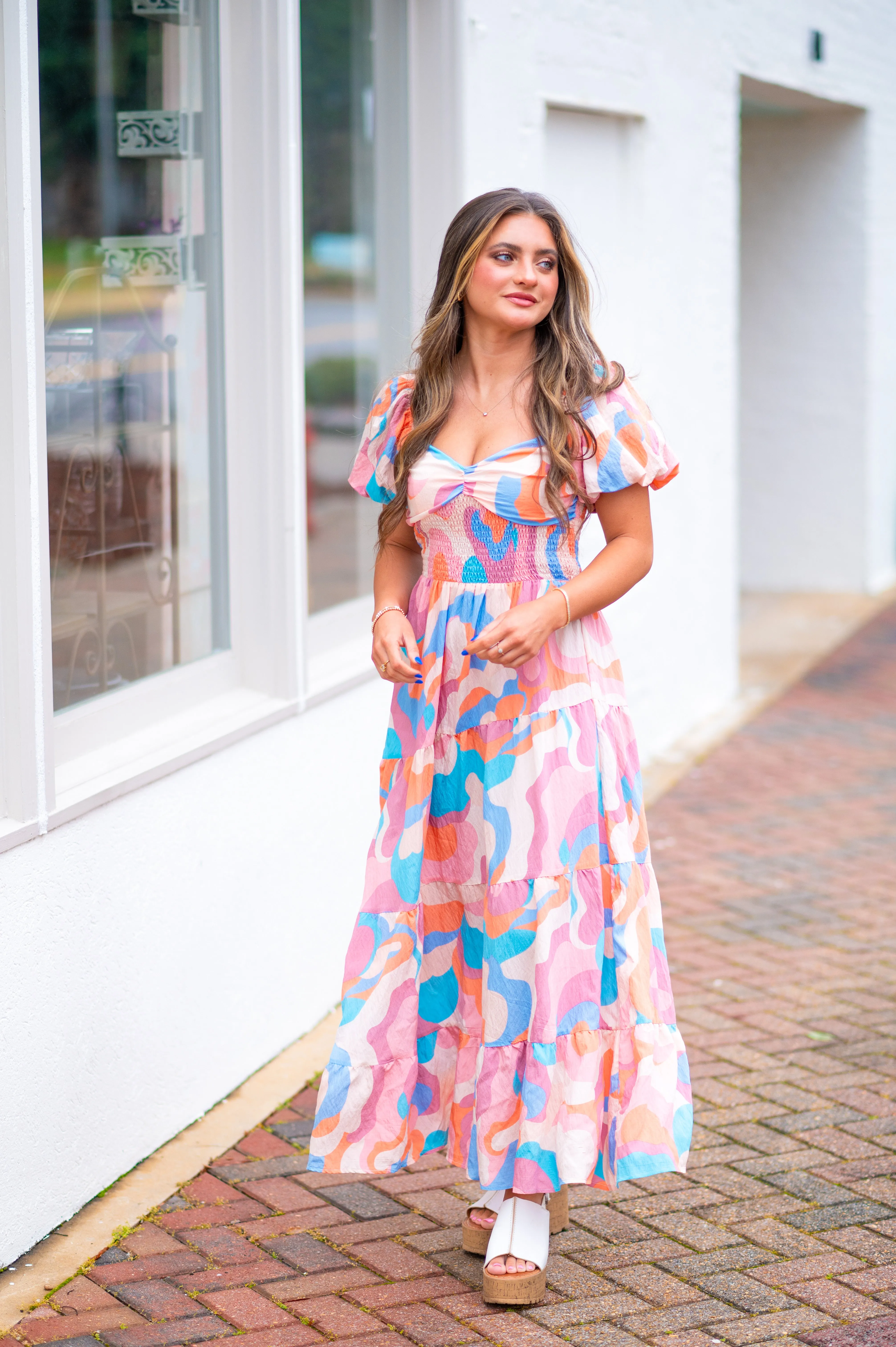 Pastel Puff Sleeve Midi Dress-Multi Color