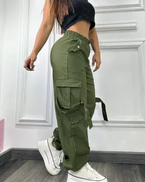 Plain Side Pockets Active Cargo Pants Casual Strechy Waist Straight Leg Cuffed Pants