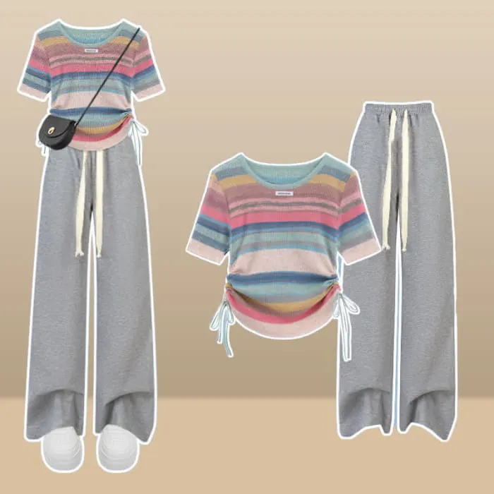 Rainbow Stripe T-Shirt Casual Draw String Shorts Pants