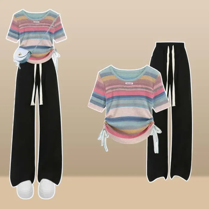 Rainbow Stripe T-Shirt Casual Draw String Shorts Pants