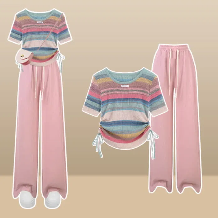 Rainbow Stripe T-Shirt Casual Draw String Shorts Pants
