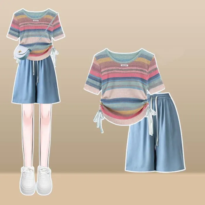 Rainbow Stripe T-Shirt Casual Draw String Shorts Pants