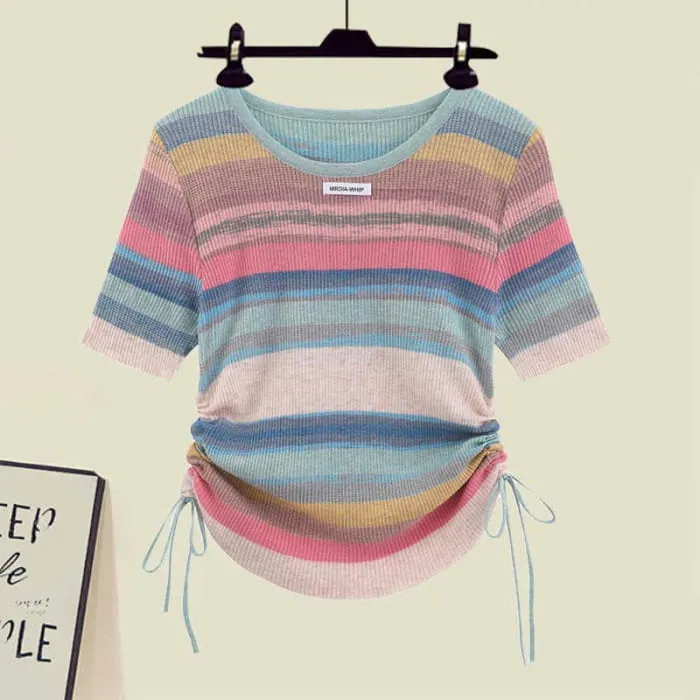 Rainbow Stripe T-Shirt Casual Draw String Shorts Pants