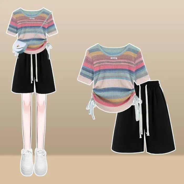 Rainbow Stripe T-Shirt Casual Draw String Shorts Pants