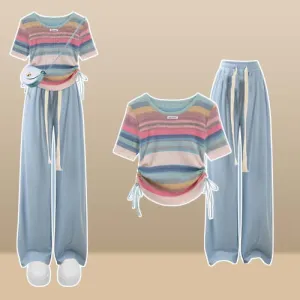Rainbow Stripe T-Shirt Casual Draw String Shorts Pants