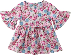 Toddler Girls Bell Sleeve Floral Print Ruffles Dress Casual Loose Flared Sundress Mini A Line Dress for Beach Party Wedding